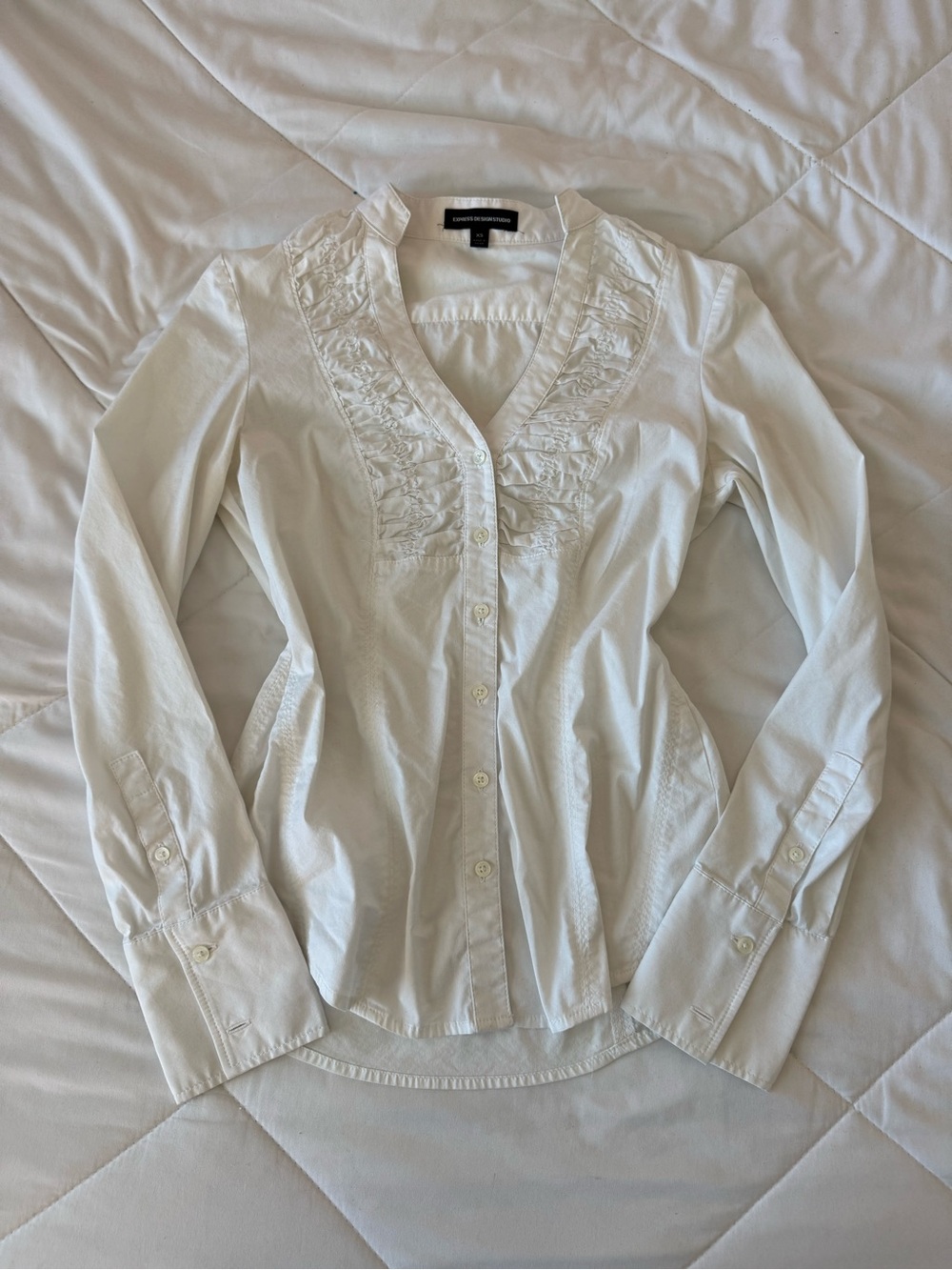 Express White Ruffle-Trim Button Down Shirt